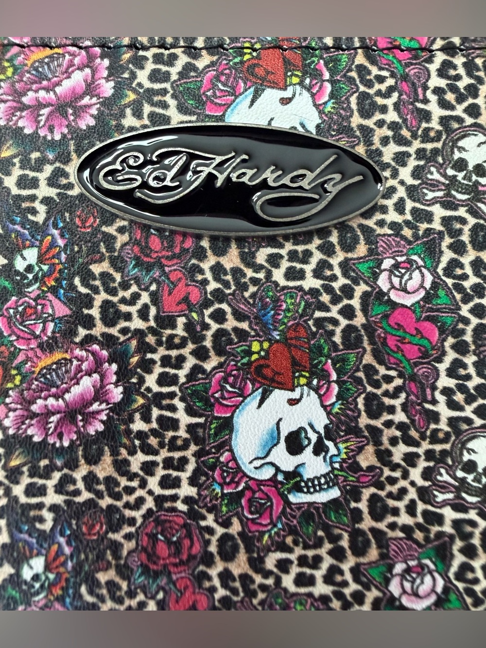 ED HARDY! LEOPARD PRINT FLORAL & SKULL LARGE WALLET/WRISTLET - Picture 3 of 4